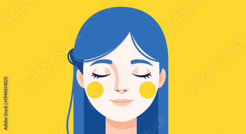 Vector illustration of a cartoon illustration of a woman with blue hair and yellow circles on her cheeks smiling peacefully on a bright yellow background