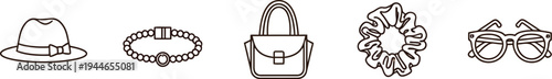A delightful collection of five stylish line art fashion accessories, including a hat, bracelet, handbag, scrunchie, and eyeglasses, presented as minimalist icons on a soft background.