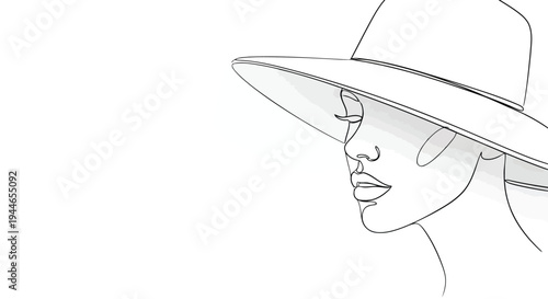 Vector illustration of a black and white line drawing of a woman wearing a wide brimmed hat and smiling