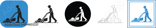 A simple vector graphic illustration depicting a man wearing a cap actively pushing a classic push lawnmower across a flat surface, symbolizing yard work, gardening, or outdoor maintenance services 