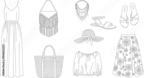Collection of bohemian summer fashion line art illustrations featuring a maxi dress sandals skirt blouse and various accessories