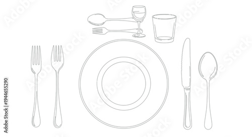 Formal table setting arrangement outline showing proper placement of various utensils plate wine glass and drinking cup