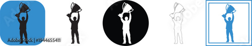 A triumphant vector graphic illustration depicting a victorious individual holding a shiny champion's trophy high above their head, celebrating a significant achievement, success, and winning 