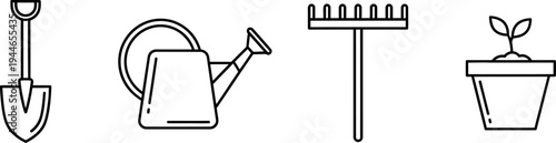 Black outline icons represent essential gardening tools including a spade a watering can a rake and a seedling in a pot