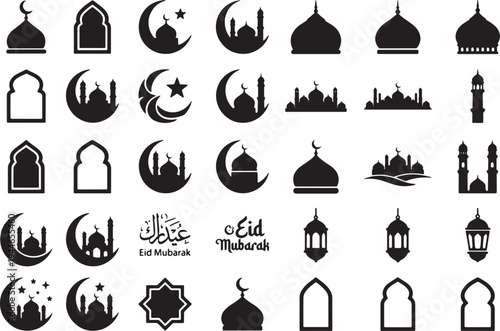 Ramadan Kareem Islamic Icon Set Pattern with Crescent Moon, Mosques, Lanterns and Eid Mubarak Symbols Black Silhouette Vector