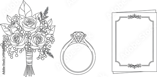 Collection of black and white line art icons representing essential elements for a romantic wedding day celebration or proposal event