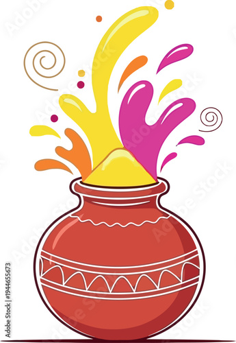 Vibrant illustration of a traditional clay pot overflowing with bright yellow and magenta colorful powder splashes symbolizing celebration.