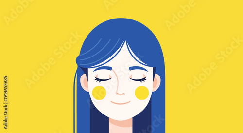 Vector illustration of smiling woman with blue hair and yellow circles on her cheeks against a bright yellow background feeling happy and relaxed