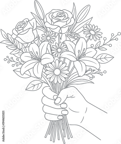 A detailed line drawing showcasing a human hand gently clutching a vibrant bouquet brimming with beautiful roses, elegant lilies, and cheerful daisies, ideal for a coloring book.