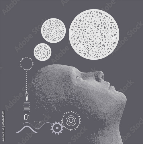 Letters are randomly arranged in a circle. A man looks up at a bubble with symbols. A writer reflects on a text. The concept of text or language analysis. A philosopher thinks. Vector illustration.