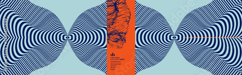 The contact of striped volumetric structures or shapes. Optical illusion pattern. Abstract geometric background creates a sense of movement. Wavy structure reflected horizontally. Copy space. Vector.