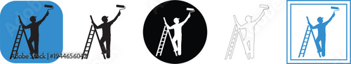 Vector graphic illustration set showcasing a painter standing on a ladder holding a paint roller ready to perform surface renovations or wall covering applications.