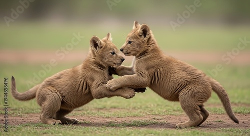 Playful cubs engaging in a friendly tussle on a grassy field