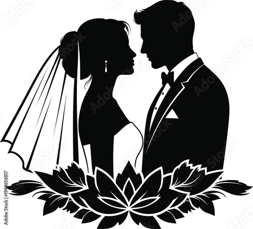 Striking black and white vector illustration silhouette design featuring a beautiful bride wearing a veil and a handsome groom in a tuxedo sharing a tender moment.