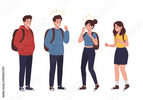 Diverse group of young students in casual attire exhibiting various emotions including idea, worry, and confidence.