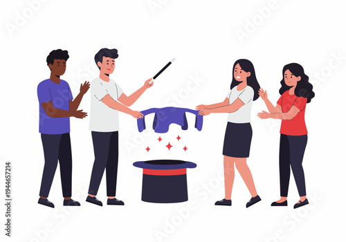 Diverse group performing a magic trick illustration with a top hat, wand, and glowing magical effect.