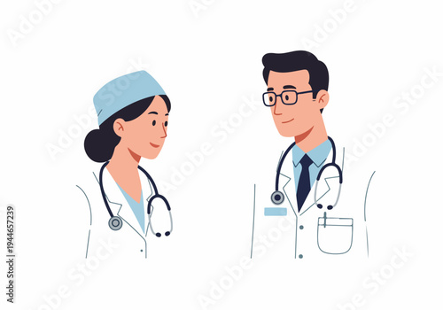 Professional doctors team portrait. Male physician and female surgeon illustration with stethoscopes on white background.
