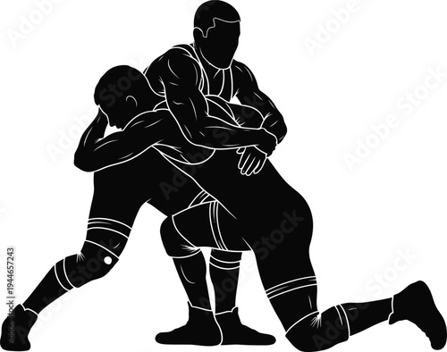 Dynamic black and white vector graphic illustration depicting two powerful male wrestlers in a challenging grappling hold during an intense sports competition, showcasing incredible athleticism