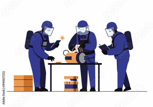 Illustration of chemical hazard specialists or EOD team wearing protective gear while inspecting equipment on a white background.