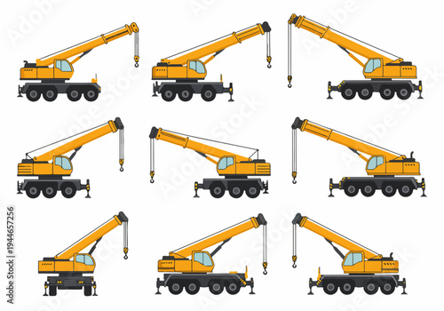 Set of construction mobile cranes vector illustrations, showing heavy lifting machinery with telescopic booms and hooks on a white background.