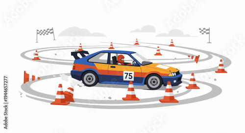 Colorful sport race car (number 75) navigating a slalom course marked by traffic cones and checkered flags, demonstrating speed and precision driving.