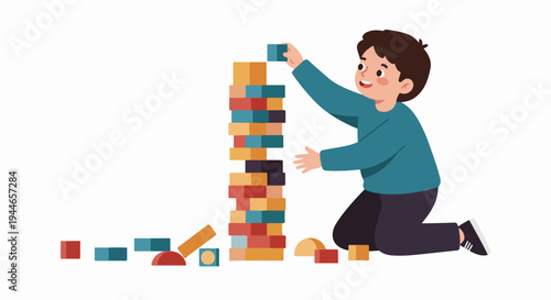 Happy boy building a tall tower with colorful construction blocks, illustrating creative playtime and childhood development.