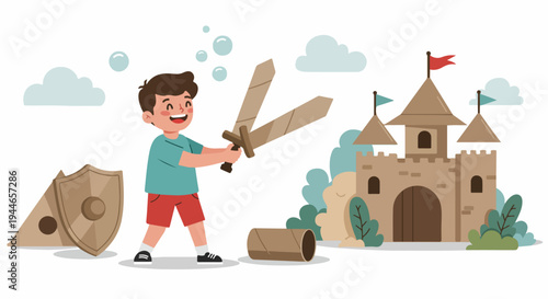 Happy boy playing knight with cardboard swords in front of a cartoon castle, illustrating imaginative play and recycling fun.