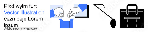 Finance, investment, business tools, transactions, fishing economy, decision-making concepts. A hand drops coins into a box, a hook symbol is and a business briefcase appears. Finance