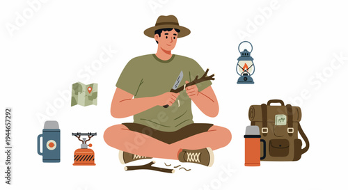 Camper prepping kindling with a knife, surrounded by essential outdoor equipment including a map, stove, lantern, and backpack.