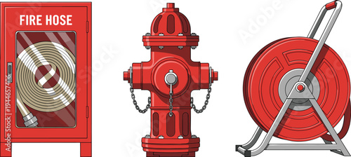 Fire Safety Equipment Set Featuring Red Fire Hose Cabinet Hydrant And Portable Hose Reel For Emergency Protection Firefighting Industrial Safety And Prevention