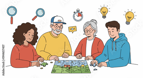 Intergenerational family playing a jigsaw puzzle together, symbolizing problem-solving, collaboration, and brain training against a white background.