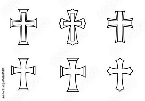 Six stylized Christian cross outlines vector set. Ornamental religious and heraldic symbols in black line art isolated on white background.