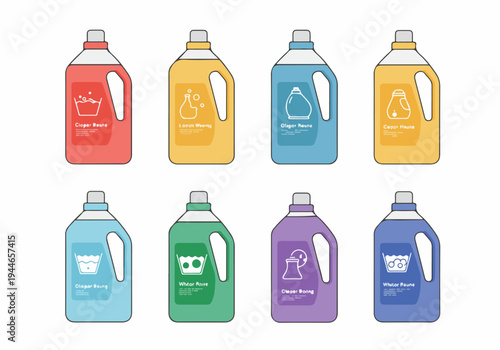 Colorful flat line icons set of eight laundry detergent and cleaning liquid plastic bottles or jugs arranged on a white background.