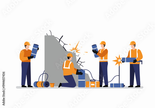 Construction crew performing wall demolition and heavy labor using specialized tools, depicted in a modern flat vector illustration style.