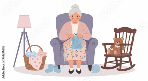 Cozy vector illustration of a happy senior woman knitting in an armchair, surrounded by baby items, a rocking chair, and teddy bears.