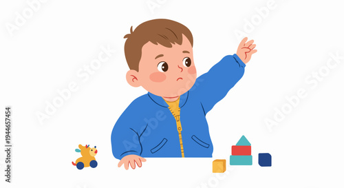 Cartoon illustration of a sad or anxious little boy reaching up while sitting next to building blocks and a toy, isolated on white.