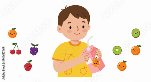 Cheerful young boy holding a juice box, surrounded by smiling kawaii fruit characters representing healthy childhood nutrition.