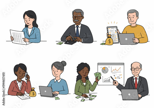 Set of diverse financial professionals, business executives, and accountants working on investments, calculations, and financial reports.
