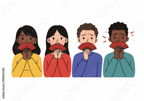 Diverse group hiding their nervous expressions and discomfort behind traditional red hand fans.