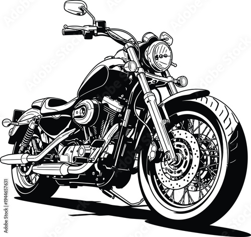 Detailed black and white vector graphic illustration showcasing a powerful, classic cruiser motorcycle from a low front perspective design.