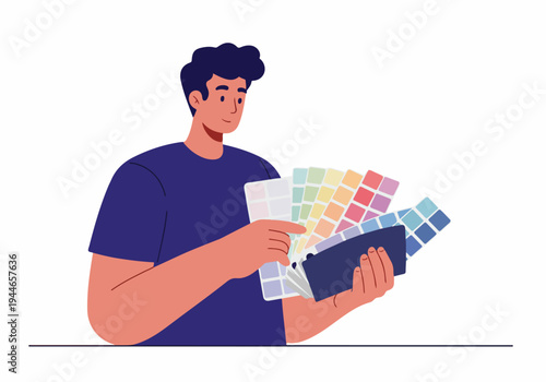 Young man reviewing color swatch palettes, making a design decision, or selecting paint hues for a project.