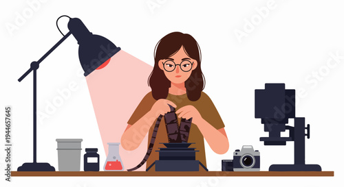 A woman developing film negatives in a darkroom environment using retro photographic equipment and chemicals.