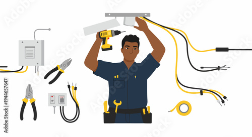 African American Technician Installing CCTV Security Camera System Using a Drill, Surrounded by Wires and Tools, Flat Vector Illustration.