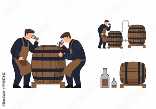 Distillers or Vintners Tasting Aging Spirits. Flat illustration depicting whiskey or wine production process, including oak barrels, testing, and bottling.