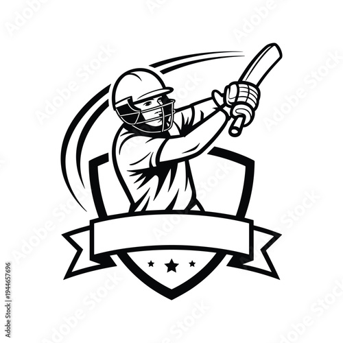 Dynamic illustration of a cricket player in action with a shield and banner emblem