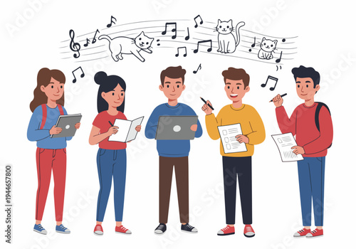 Illustrated Group of Students and Young Professionals Engaged in Study or Music Education with Whimsical Cat Doodles.