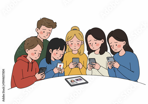 Sad youths absorbed in their phones, sitting together but isolated, illustrating the emotional toll of social media and digital addiction.