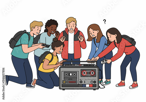 Diverse students confused by vintage cassette player or boombox, representing the generation gap and obsolete technology.