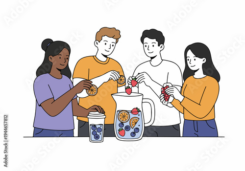 Diverse friends preparing healthy fruit-infused beverages together, adding fresh berries and orange slices to a large pitcher.