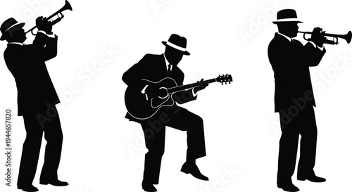 A captivating vector graphic illustration presents three stylish male jazz musicians, elegantly silhouetted in classic suits and fedora hats, actively performing with their trumpet and acoustic guitar